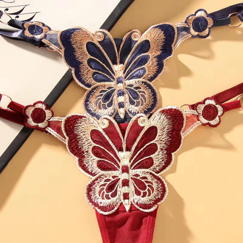 Tanga de encaje Sexy para mujer, bragas de cintura baja de mariposa, bragas de malla transparente, bragas de cintura ajustable, Culotte femenino - lobbol
