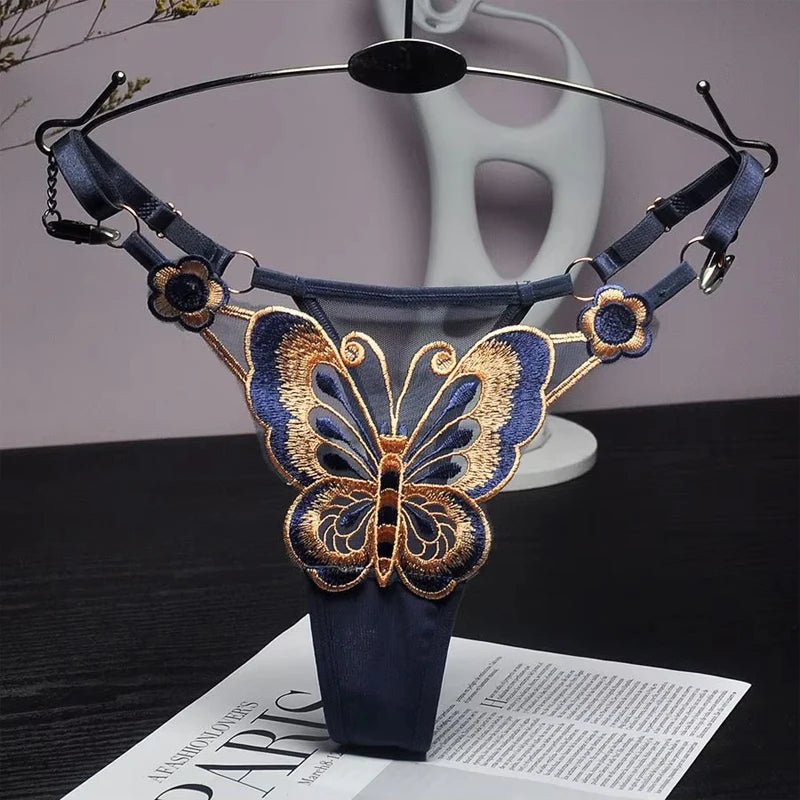 Tanga de encaje Sexy para mujer, bragas de cintura baja de mariposa, bragas de malla transparente, bragas de cintura ajustable, Culotte femenino - lobbol