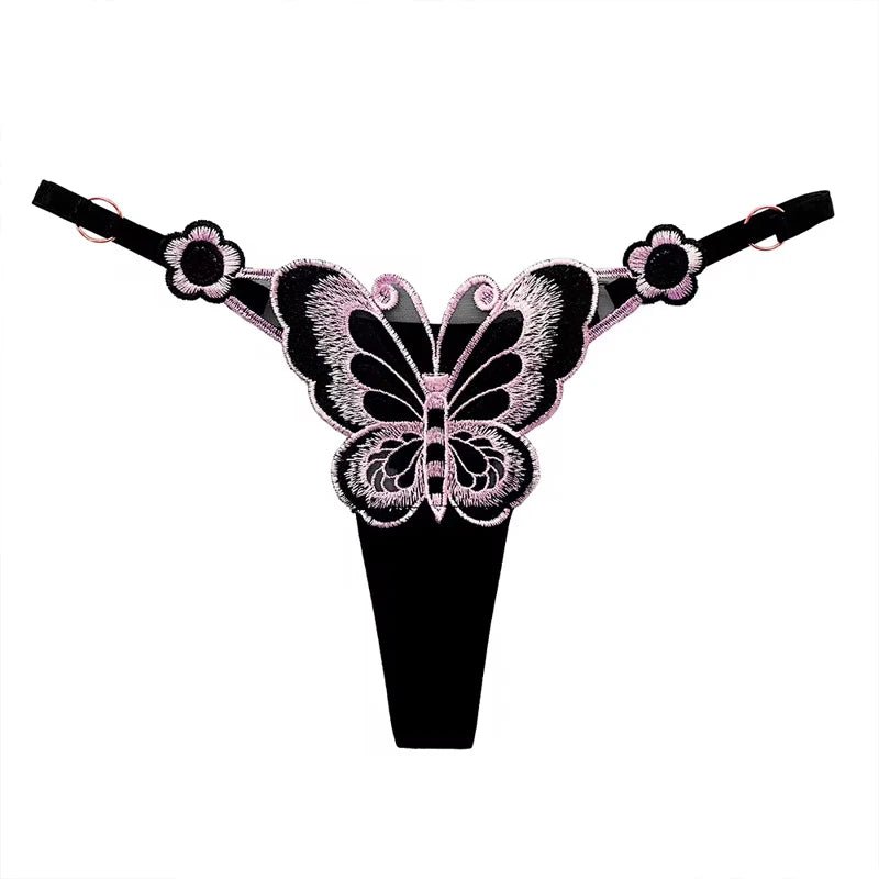 Tanga de encaje Sexy para mujer, bragas de cintura baja de mariposa, bragas de malla transparente, bragas de cintura ajustable, Culotte femenino - lobbol