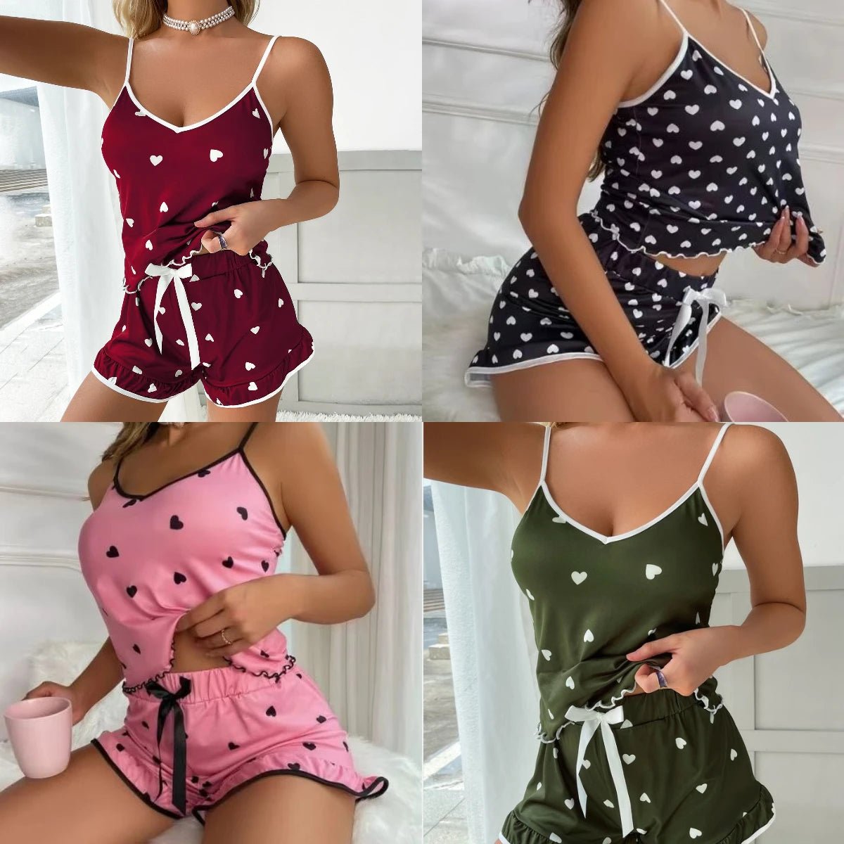 Two Piece Set Ladies Summer Ice Silk Camisole Shorts Pajamas Women's Fashion Soft Sexy Cute Floral Elastic Suspenders Homewear - lobbol