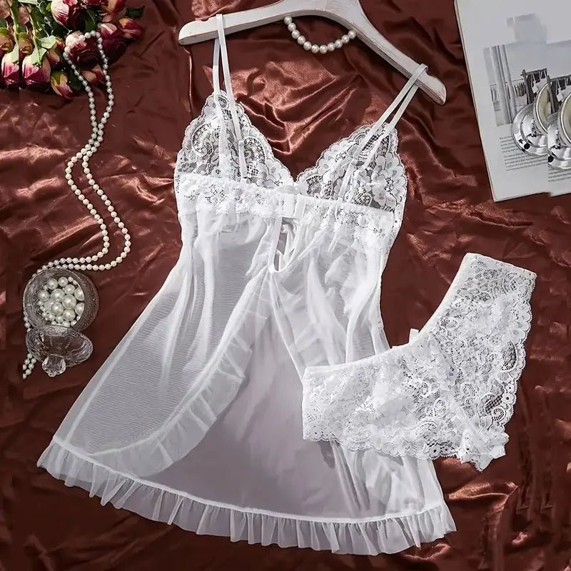 Un conjunto de camisón de tul Ultra Sexy, sujetador con cuello en V, falda abierta para dormir, vestido erótico de noche para mujer, pijamas transparentes, pantalones de lencería, kit de lujo - lobbol