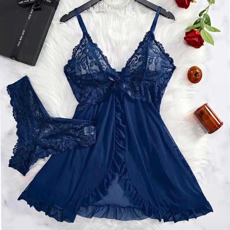 Un conjunto de camisón de tul Ultra Sexy, sujetador con cuello en V, falda abierta para dormir, vestido erótico de noche para mujer, pijamas transparentes, pantalones de lencería, kit de lujo - lobbol