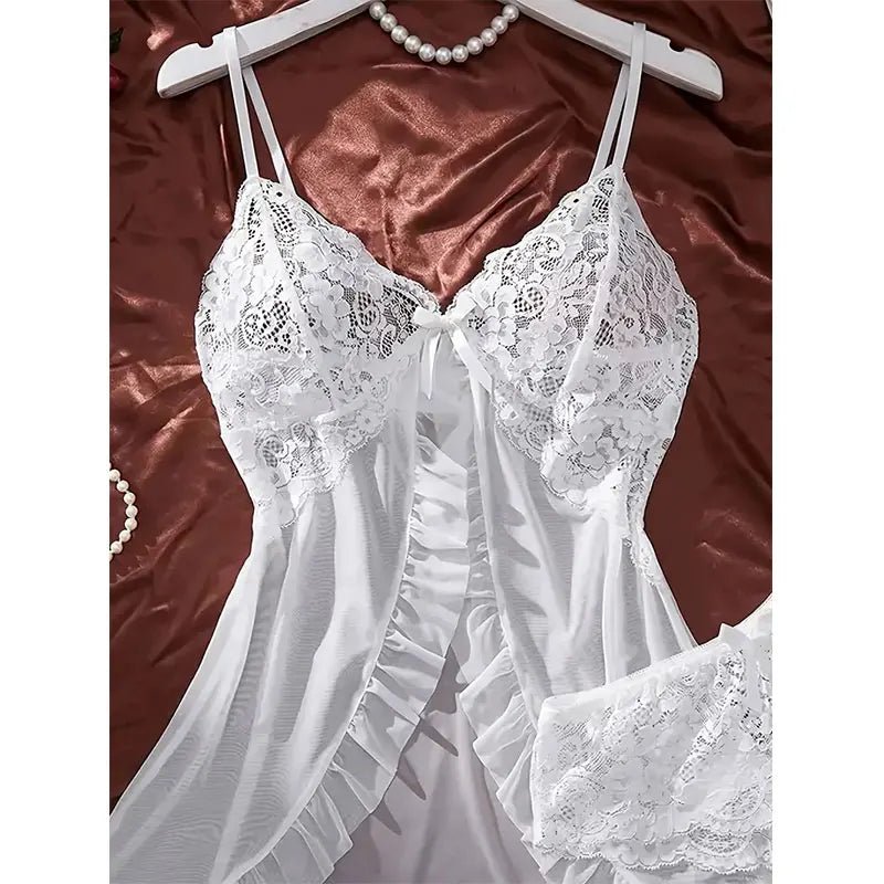 Un conjunto de camisón de tul Ultra Sexy, sujetador con cuello en V, falda abierta para dormir, vestido erótico de noche para mujer, pijamas transparentes, pantalones de lencería, kit de lujo - lobbol