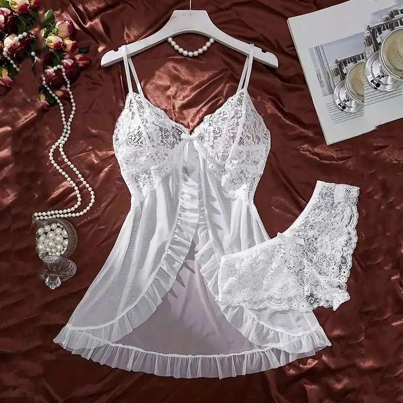 Un conjunto de camisón de tul Ultra Sexy, sujetador con cuello en V, falda abierta para dormir, vestido erótico de noche para mujer, pijamas transparentes, pantalones de lencería, kit de lujo - lobbol