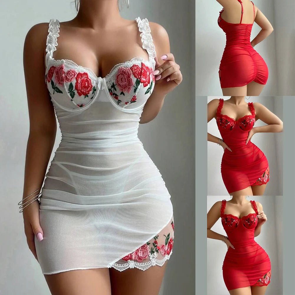 Vestidos de encaje para mujer, camisón para dormir con soporte para el pecho y empalme de flores, lencería Sexy, camisón bordado tentación - lobbol
