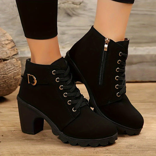 Women's Block Heeled Short Boots, Casual Lace Up Side Zipper Boots, Comfortable Ankle Boots - lobbol