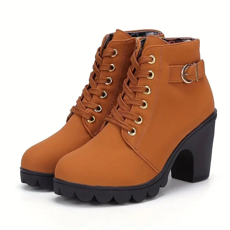 Women's Block Heeled Short Boots, Casual Lace Up Side Zipper Boots, Comfortable Ankle Boots - lobbol