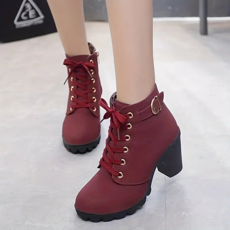 Women's Block Heeled Short Boots, Casual Lace Up Side Zipper Boots, Comfortable Ankle Boots - lobbol