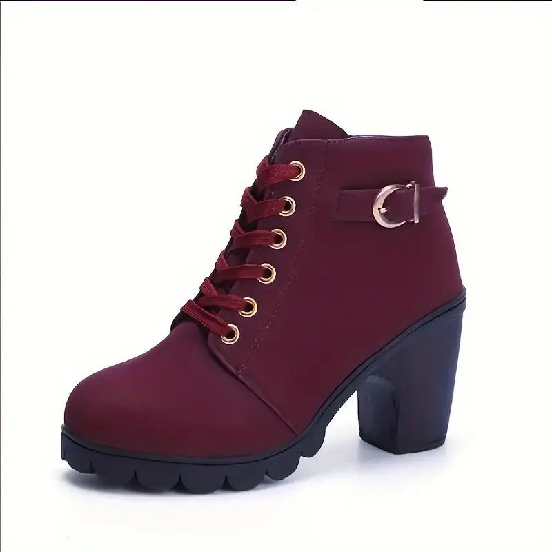 Women's Block Heeled Short Boots, Casual Lace Up Side Zipper Boots, Comfortable Ankle Boots - lobbol