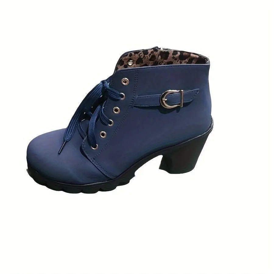Women's Block Heeled Short Boots, Casual Lace Up Side Zipper Boots, Comfortable Ankle Boots - lobbol