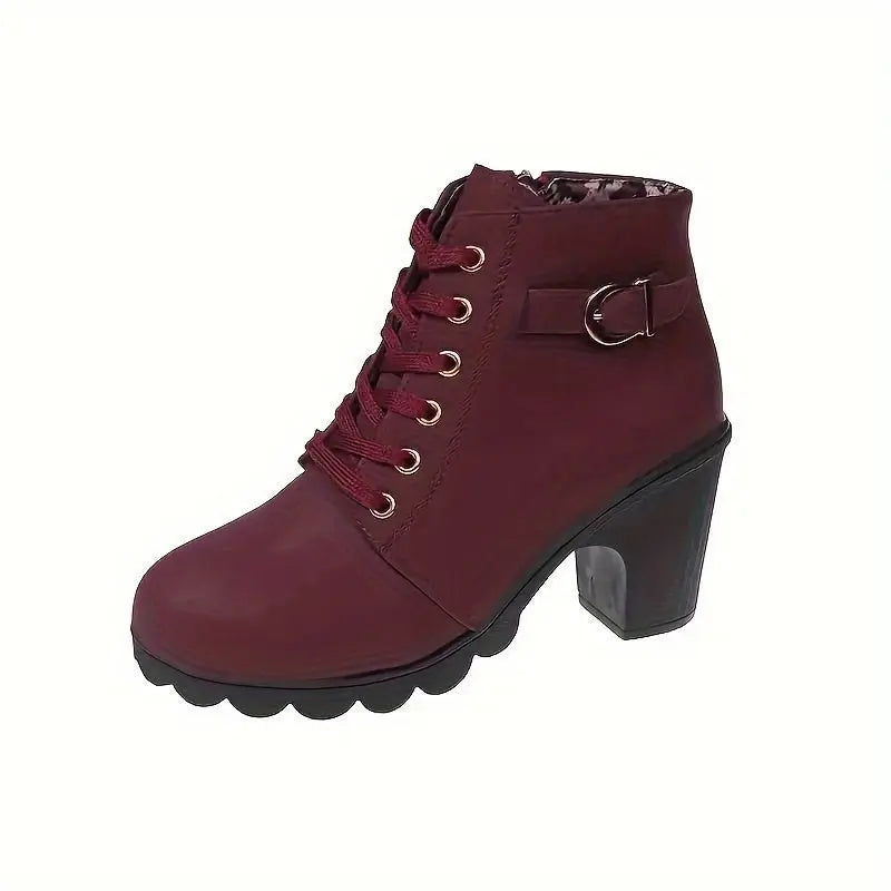 Women's Block Heeled Short Boots, Casual Lace Up Side Zipper Boots, Comfortable Ankle Boots - lobbol