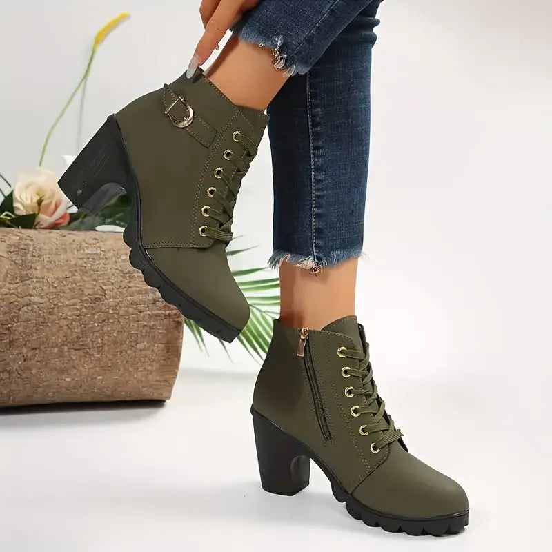 Women's Block Heeled Short Boots, Casual Lace Up Side Zipper Boots, Comfortable Ankle Boots - lobbol