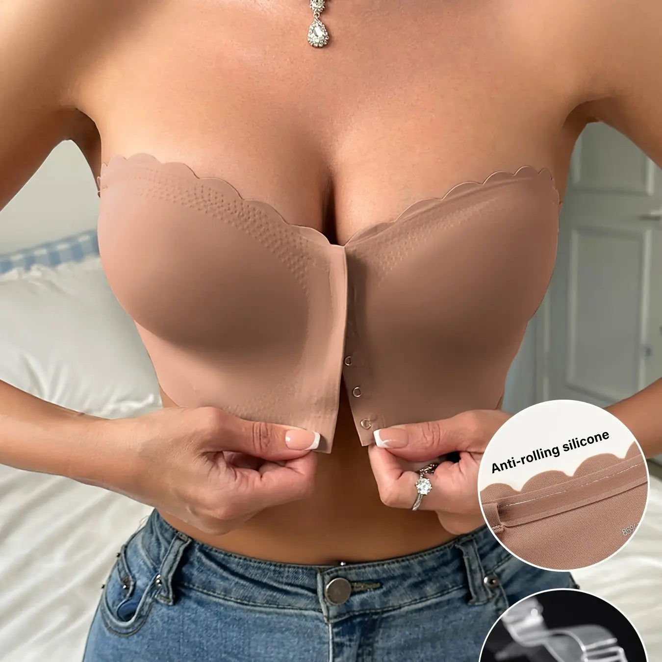 Women's Strapless Front Closure Bra, Seamless Solid Color, No Underwire, Wave Edge Design, Casual Style with Anti - Rolling Silicone Grip - lobbol