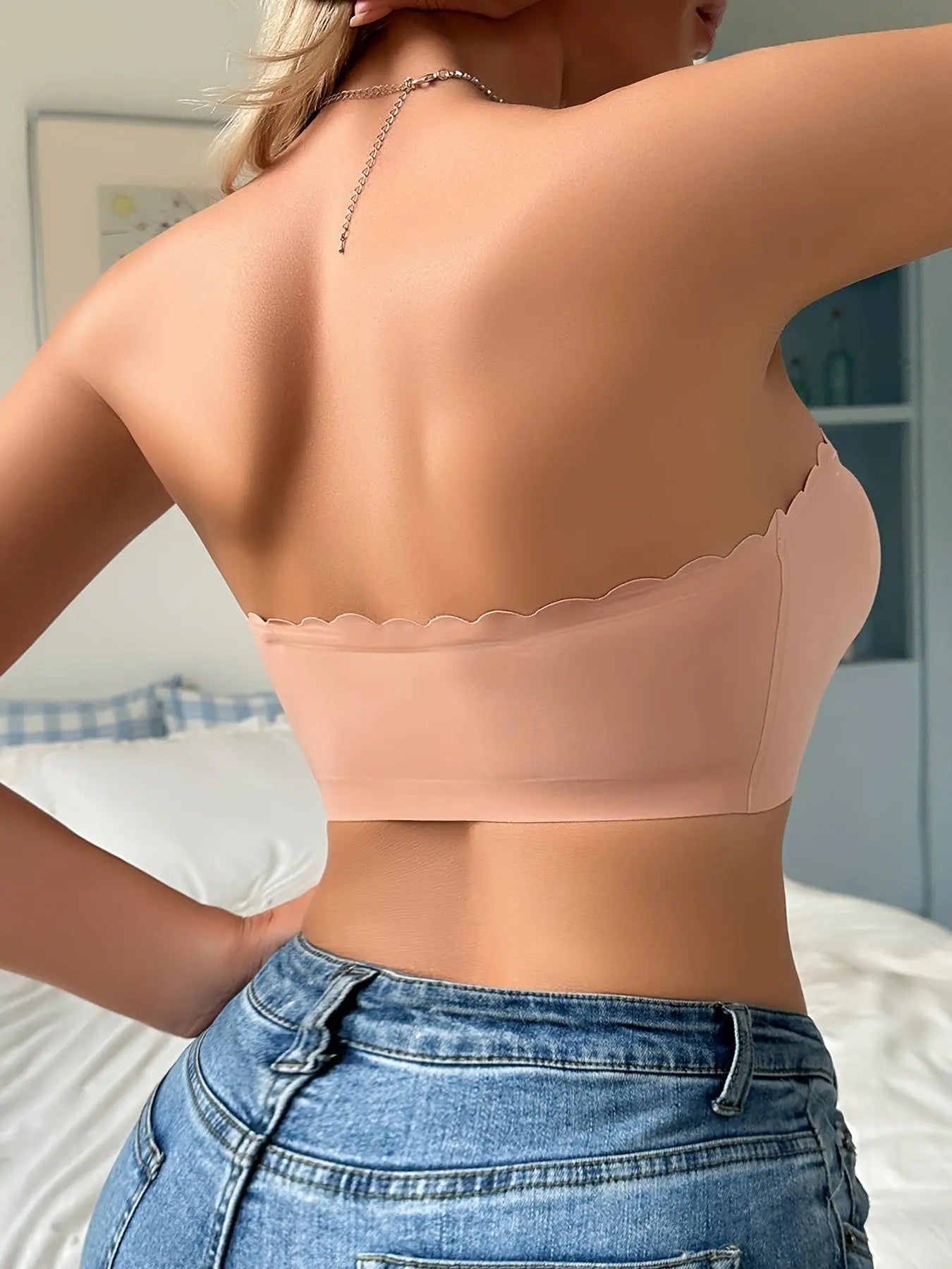Women's Strapless Front Closure Bra, Seamless Solid Color, No Underwire, Wave Edge Design, Casual Style with Anti - Rolling Silicone Grip - lobbol