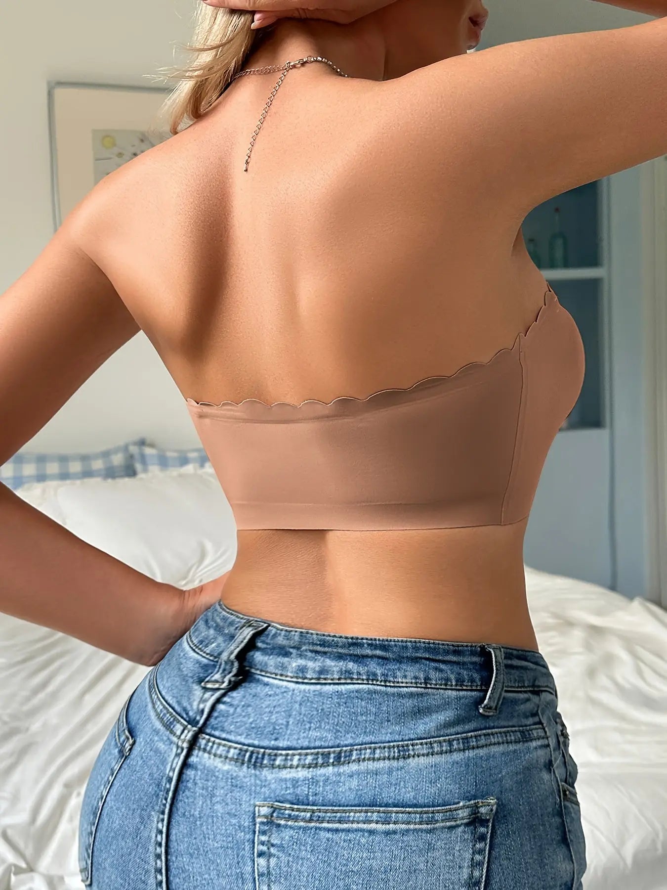 Women's Strapless Front Closure Bra, Seamless Solid Color, No Underwire, Wave Edge Design, Casual Style with Anti - Rolling Silicone Grip - lobbol