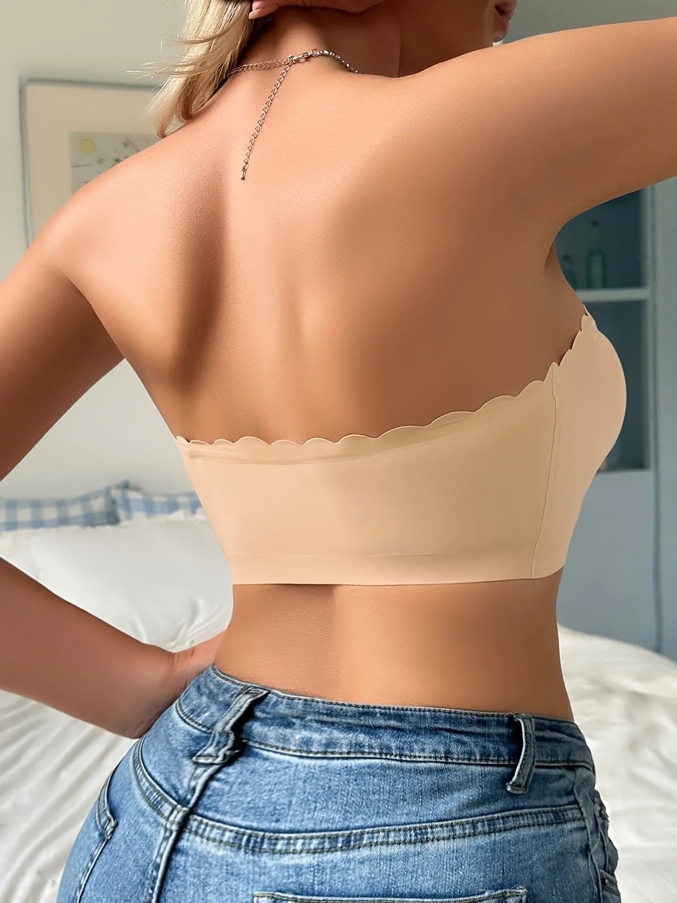 Women's Strapless Front Closure Bra, Seamless Solid Color, No Underwire, Wave Edge Design, Casual Style with Anti - Rolling Silicone Grip - lobbol