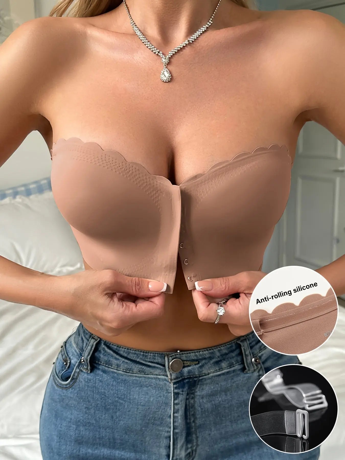 Women's Strapless Front Closure Bra, Seamless Solid Color, No Underwire, Wave Edge Design, Casual Style with Anti - Rolling Silicone Grip - lobbol