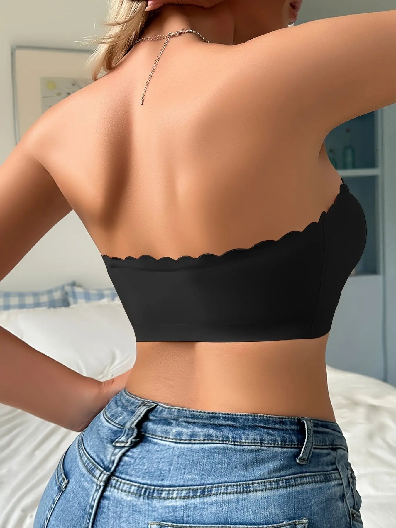 Women's Strapless Front Closure Bra, Seamless Solid Color, No Underwire, Wave Edge Design, Casual Style with Anti - Rolling Silicone Grip - lobbol