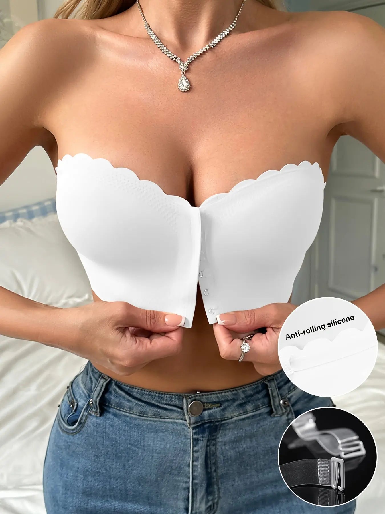 Women's Strapless Front Closure Bra, Seamless Solid Color, No Underwire, Wave Edge Design, Casual Style with Anti - Rolling Silicone Grip - lobbol