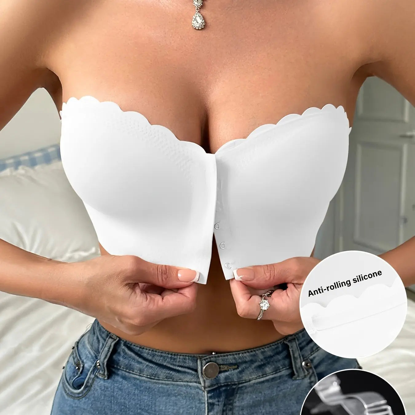 Women's Strapless Front Closure Bra, Seamless Solid Color, No Underwire, Wave Edge Design, Casual Style with Anti - Rolling Silicone Grip - lobbol